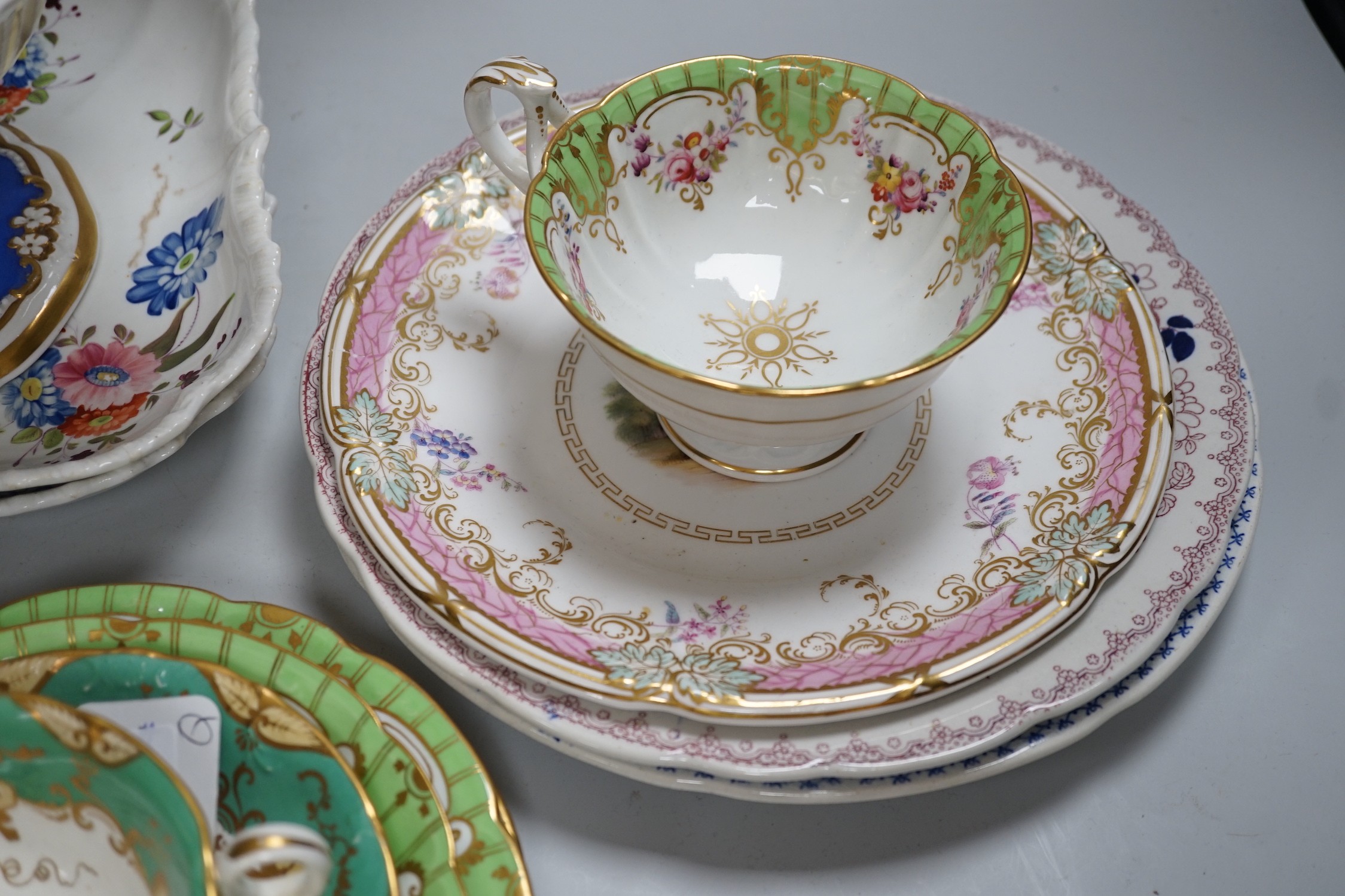 An English porcelain two handled pierced pedestal dish, c.1840 and 19th century English tea and dessert wares, dish 35cms wide